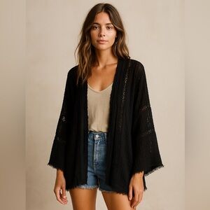 Free People FP One Distressed Sheer Kimono Cardigan Black OS